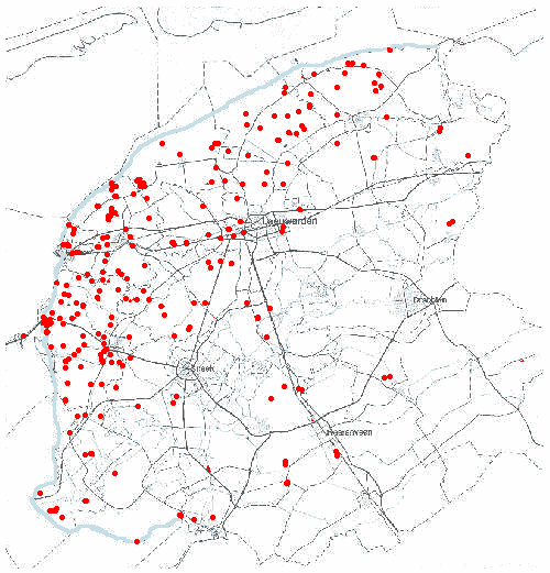 Locaties van windturbines in Friesland (rode stippen)